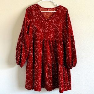 Women’s Boutique Tiered Dark Red Mini Dot Print Dress Elastic Cuffs, Long Sleeve